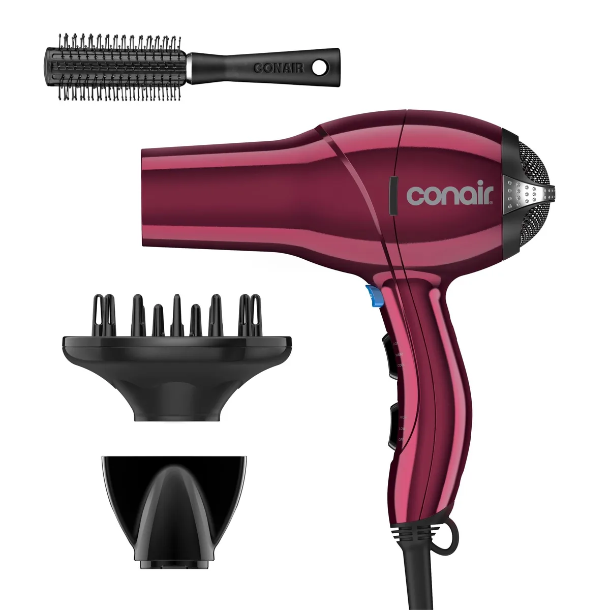 Burgundy hair dryer with concentrator, diffuser and round brush attachments