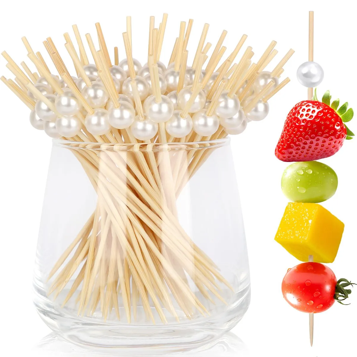 White pearl-topped bamboo cocktail picks, 200 pack, 4.7 inches long