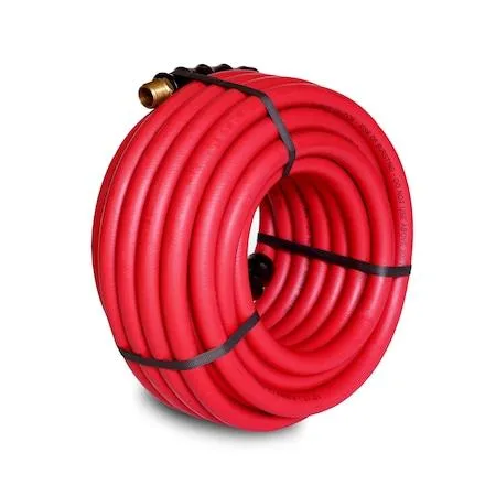 Red rubber air hose on reel, brass fittings visible
