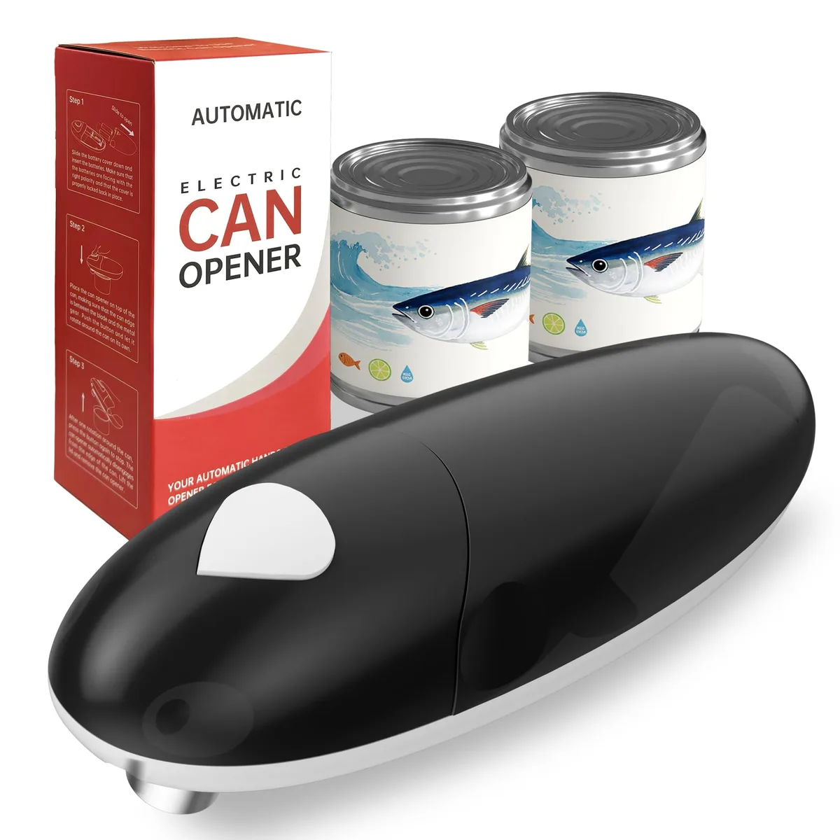 Black automatic can opener, compact with textured grip