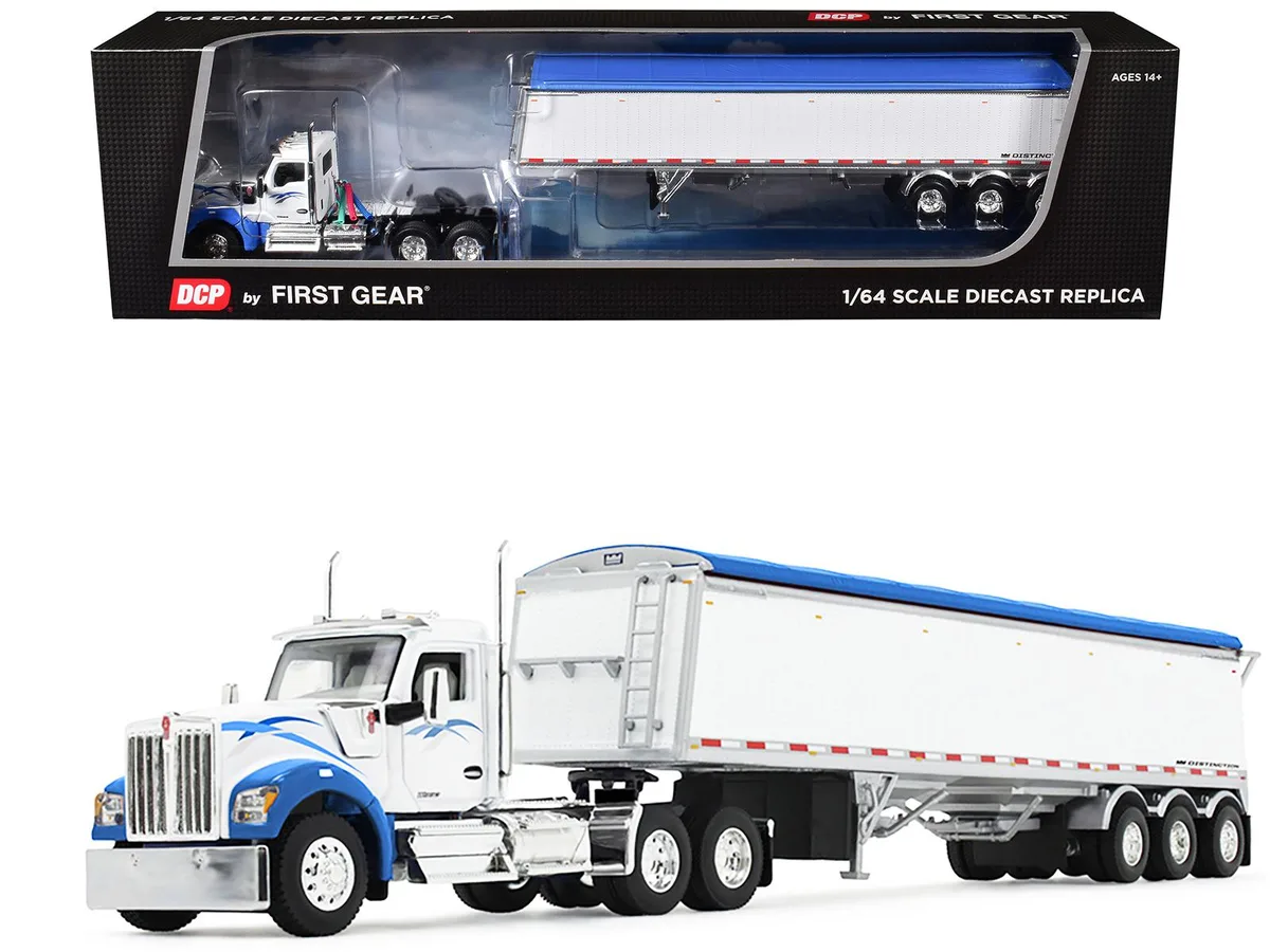 First Gear First Gear Kenworth W990 Day Cab &amp; Lode King Distinction Hopper Trailer White Blue 1/64 Diecast — product photo