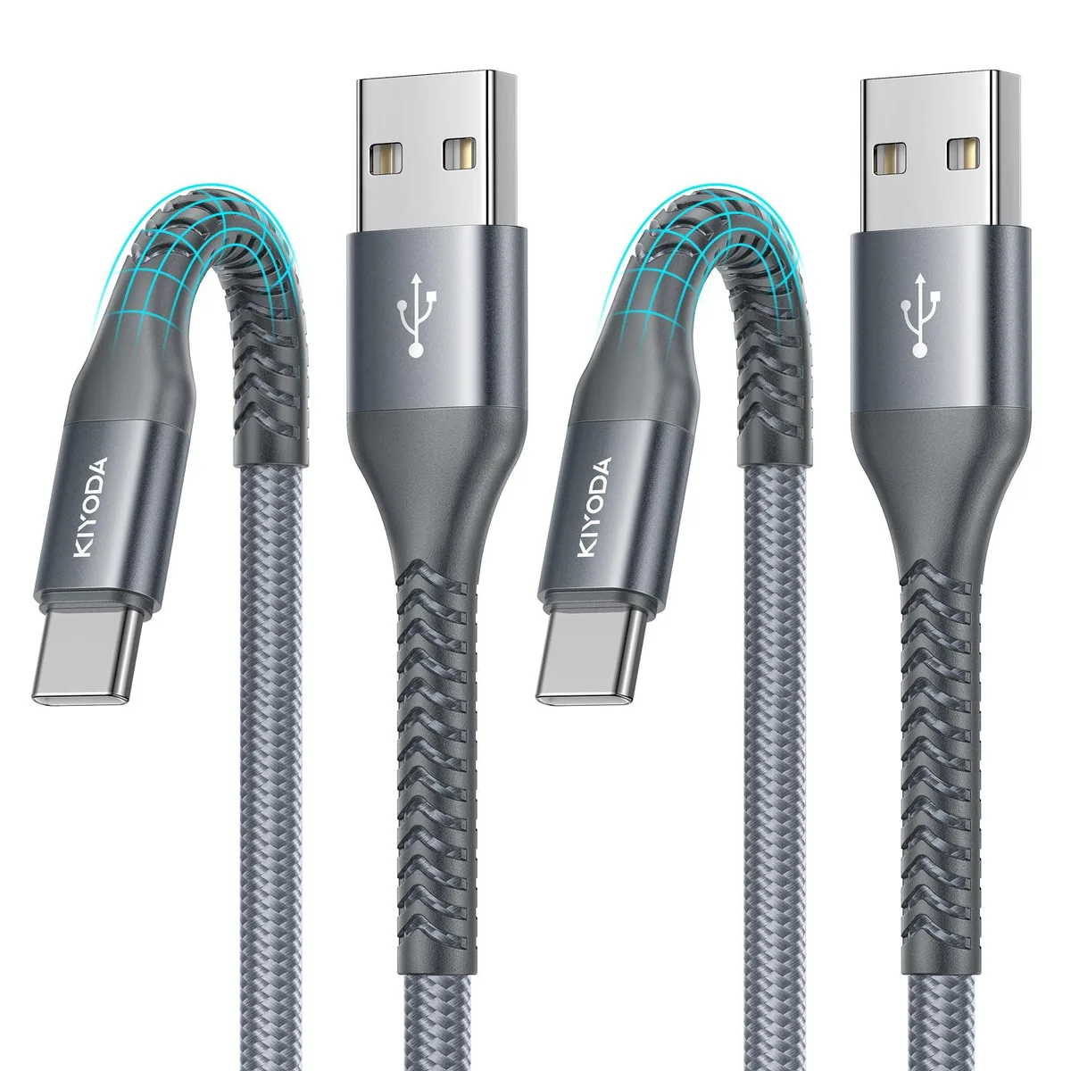 Grey USB A to USB C braided cable with orange accents, 10 ft length, right-angle connector visible