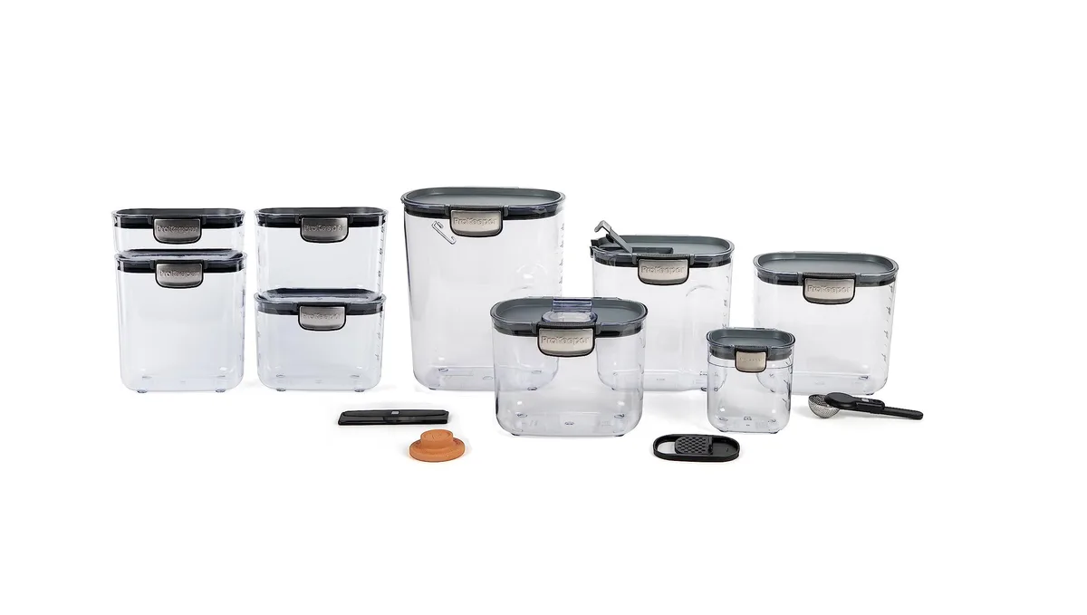 Grey 13-piece airtight food storage set with clear plastic containers, stainless steel latches and magnetic accessories