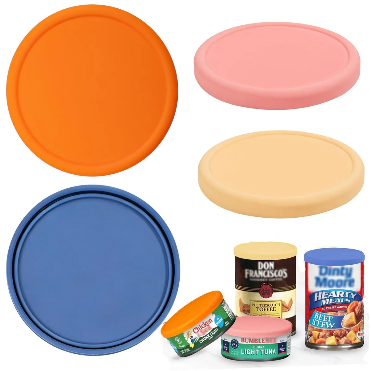 Four round green silicone can lids stacked together