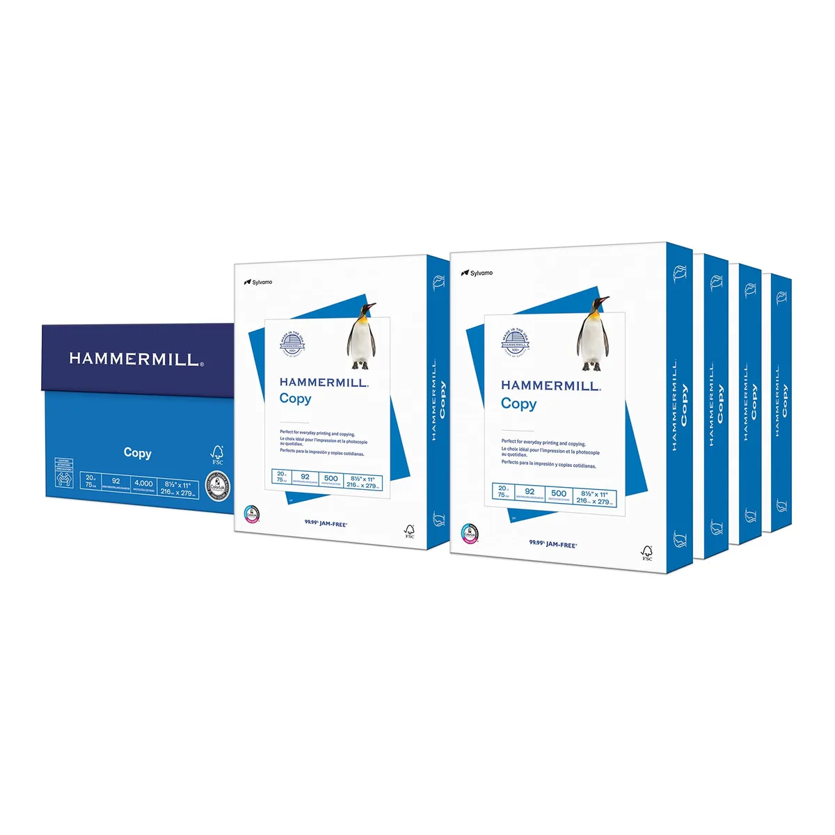White cardboard carton containing eight reams of smooth 8.5 by 11 inch copy paper
