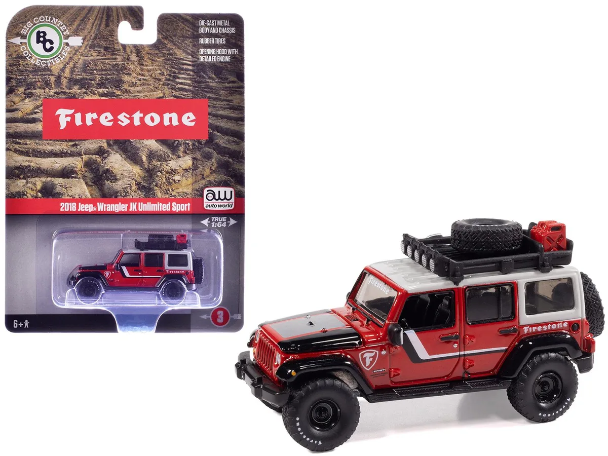 auto world Auto World 2018 Jeep Wrangler JK Unlimited Sport Red Gray Top Roof Rack 1/64 Vehicle — product photo
