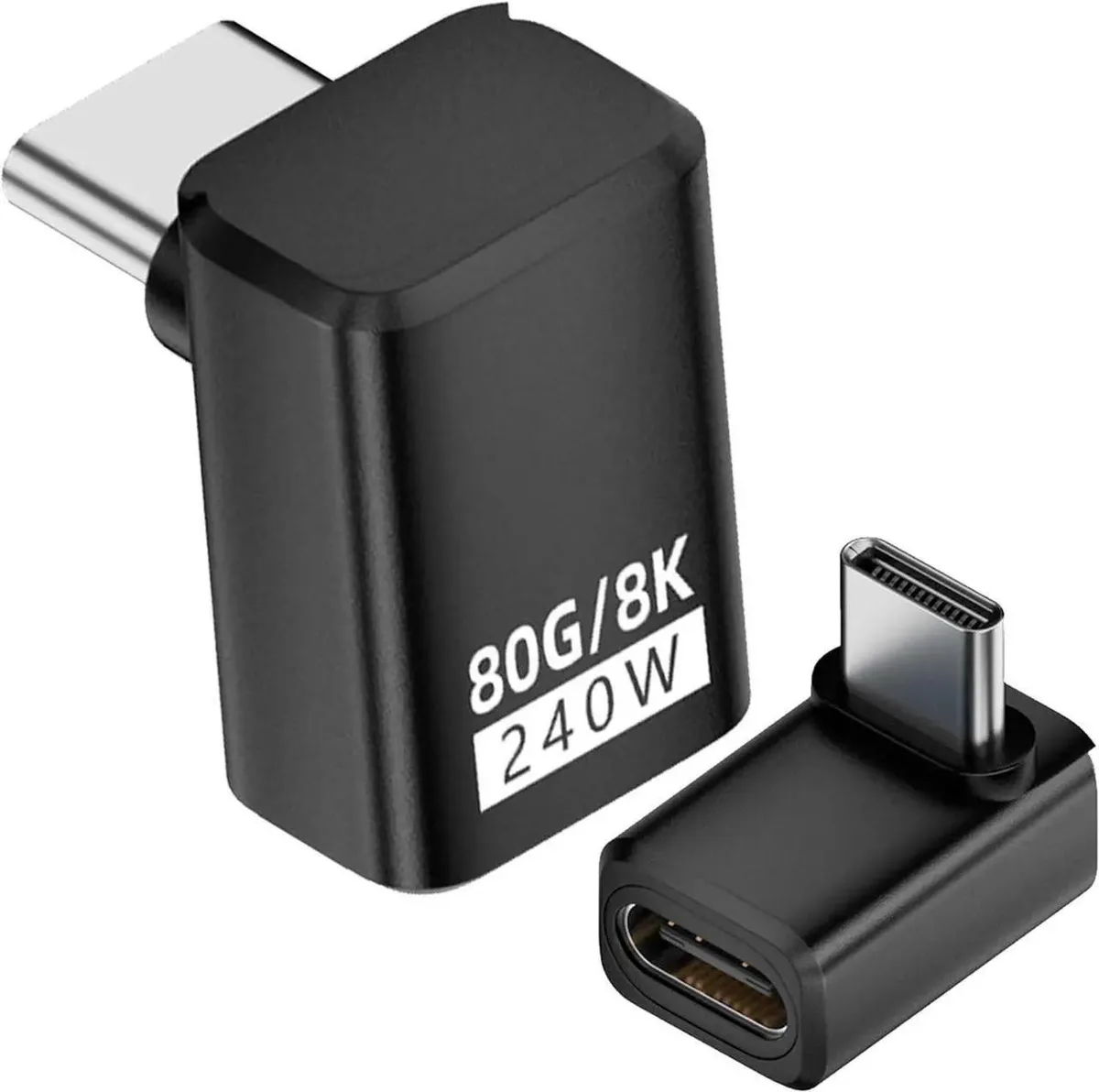 Two black right-angle USB-C adapters with up-down orientation, 90-degree male-to-female connectors, matte finish