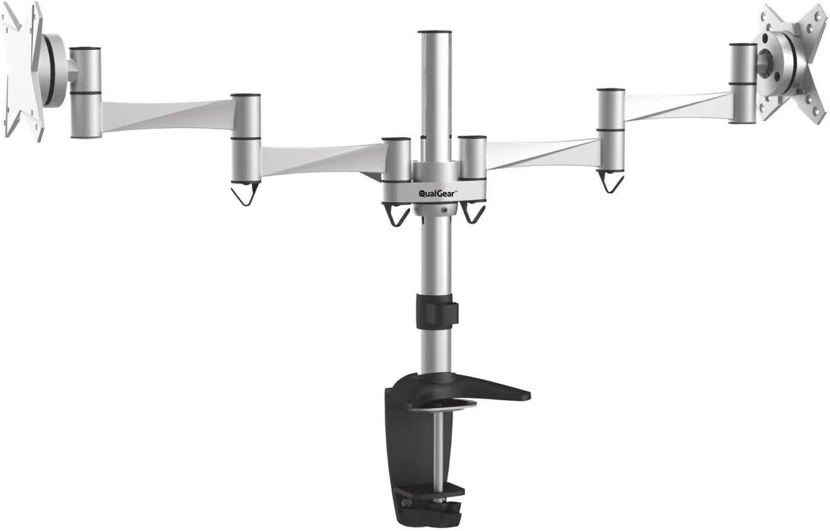 Silver dual monitor desk mount with articulated aluminum arms, VESA plates and cable clips