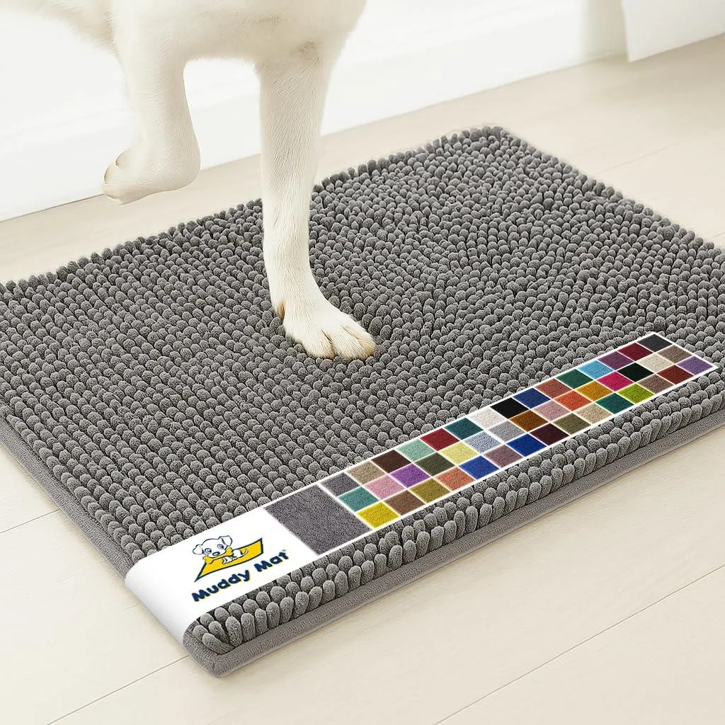 Grey rectangular door mat with plush chenille surface and textured backing