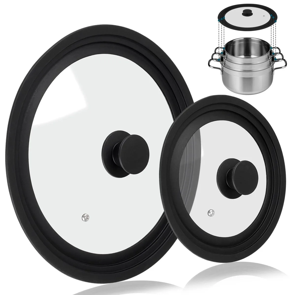Two clear glass lids with flexible silicone rims and black knobs