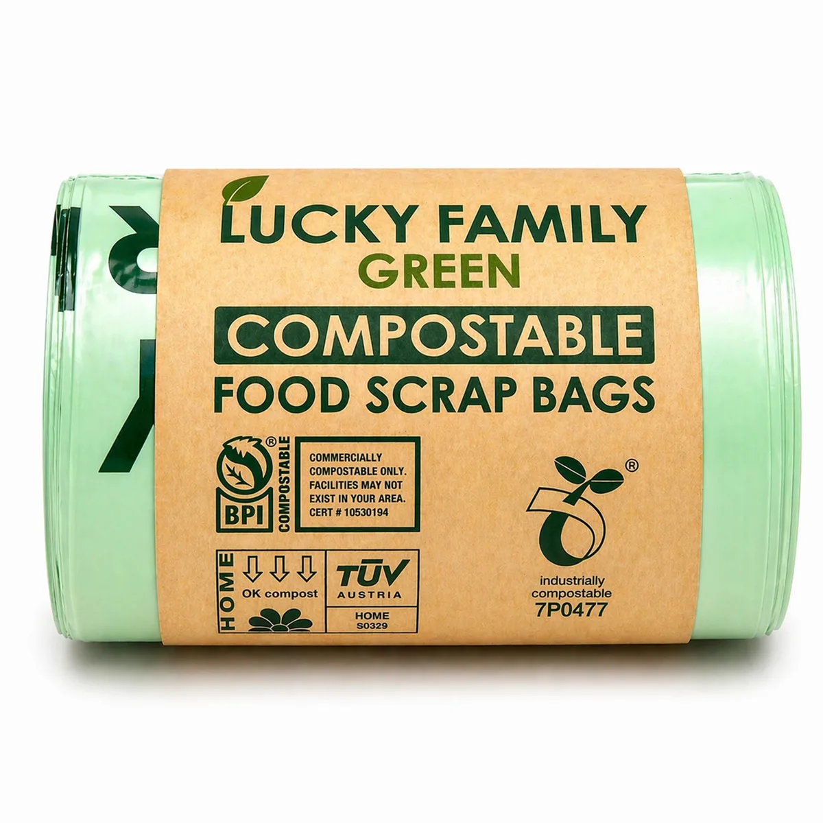 Three white compostable trash bags in a pack