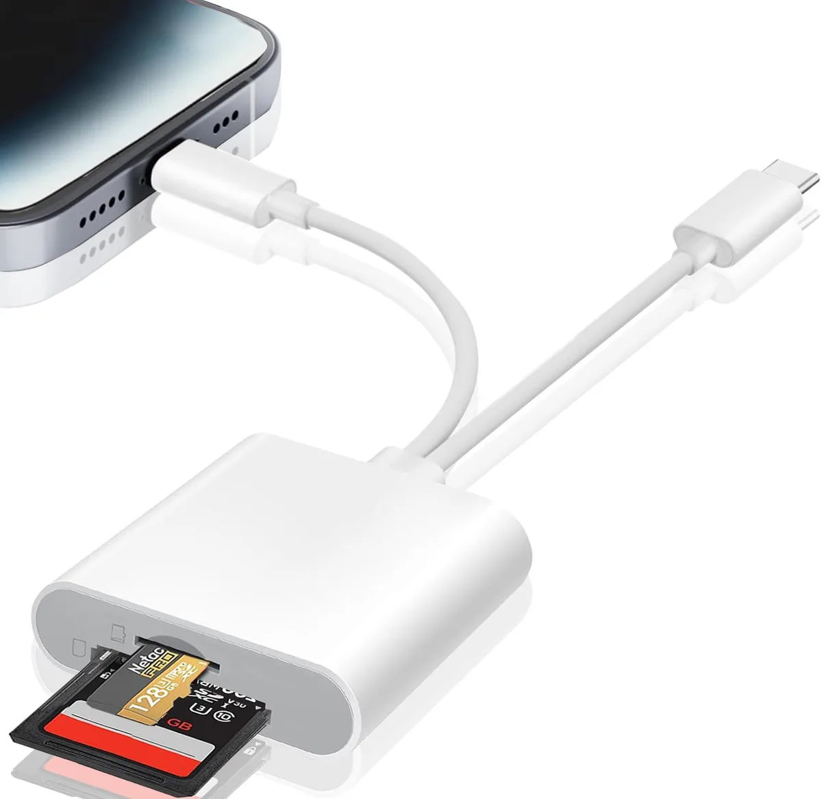 Compact dual-connector SD and microSD card reader with Lightning and USB-C plugs