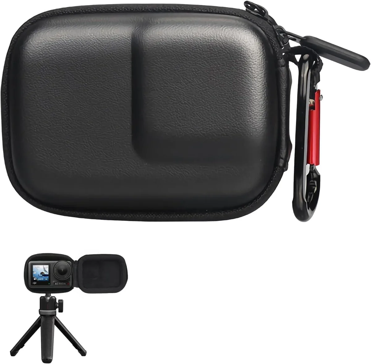 Black EVA action-camera case with velvet lining and raised lens area