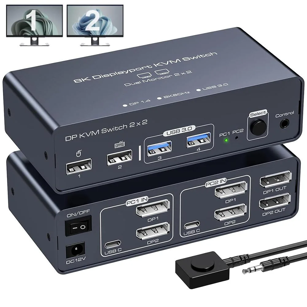 AUTYUE AUTYUE 2-Port Dual Monitor DisplayPort KVM Switch 8K60Hz 4K120Hz DP1.4 Aluminium — product photo