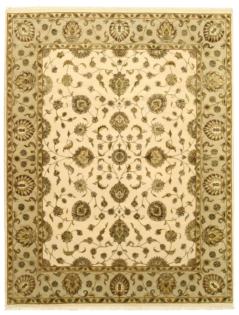 Hand-knotted beige oriental rug with wool and silk highlights, traditional floral pattern, made in India