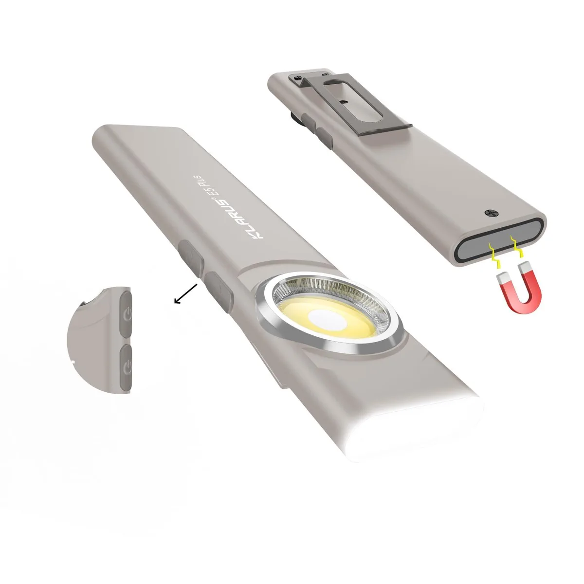 Gray ultra-slim flashlight with magnetic clip and USB-C port