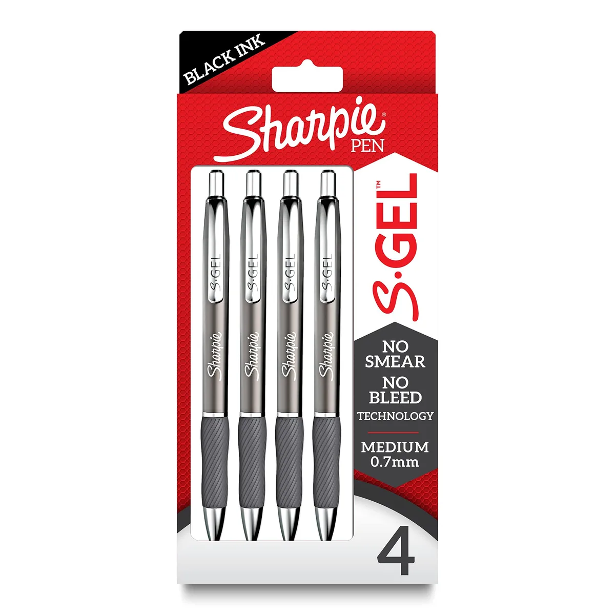 Four gunmetal metal-barrel gel pens with rubber grips