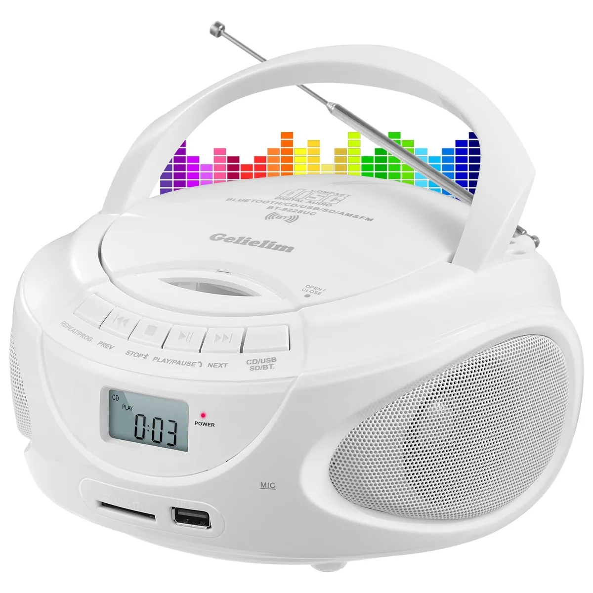  Gelielim 9225 Portable CD Boombox with Bluetooth AM FM Radio USB AUX White — product photo