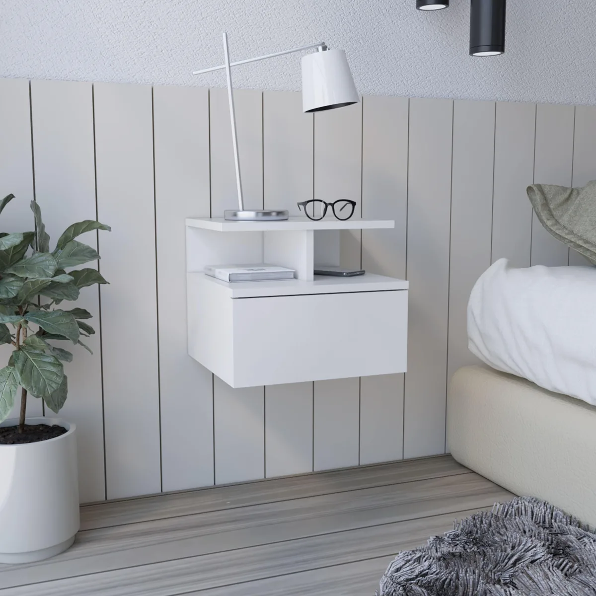 tuphen tuphen Floating Nightstand Flopini One Drawer White Finish Bedroom Set — product photo