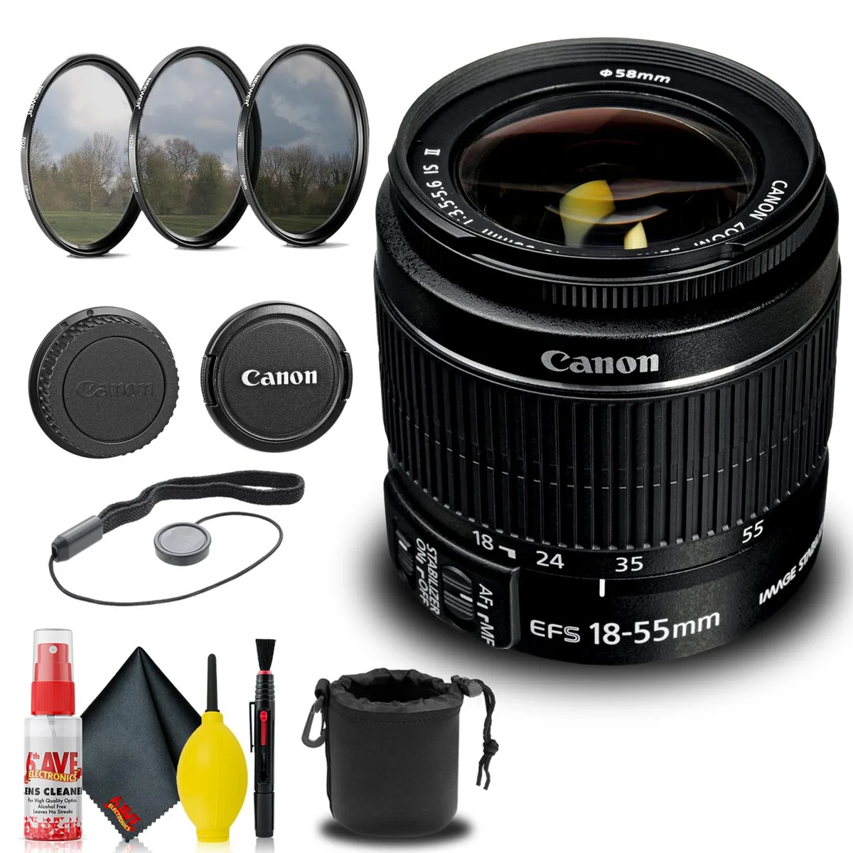 Canon Canon EF-S 18-55mm f/3.5-5.6 IS II Lens + Filter Kit Base Bundle — product photo