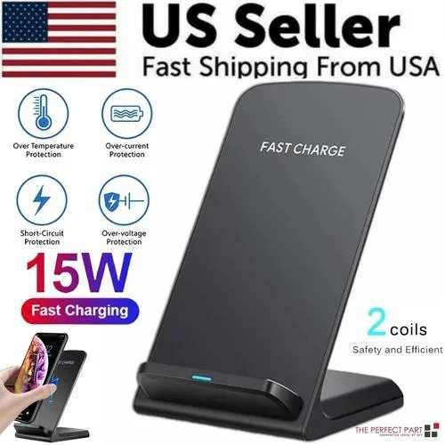Black wireless charging stand with dual coils and LED indicator, 3.05 inches tall
