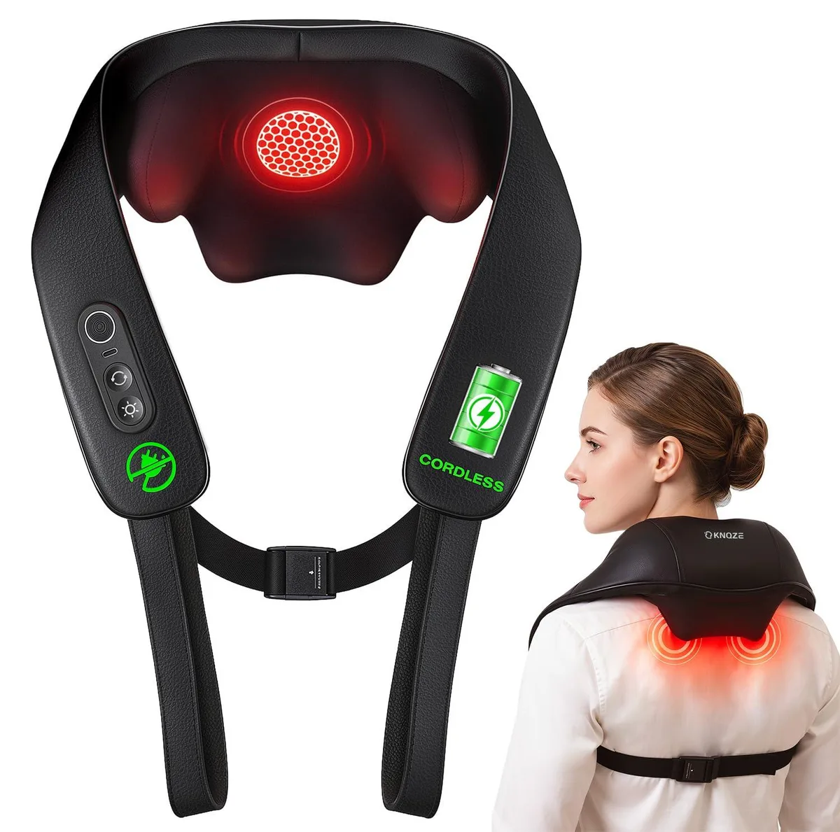 Black leather wrap-around neck massager with cross-back straps and clasp