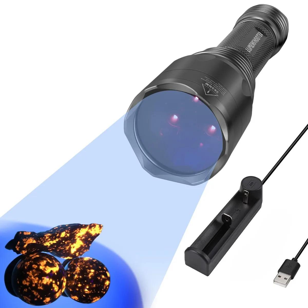Compact aluminium UV torch with three 365 nm LEDs