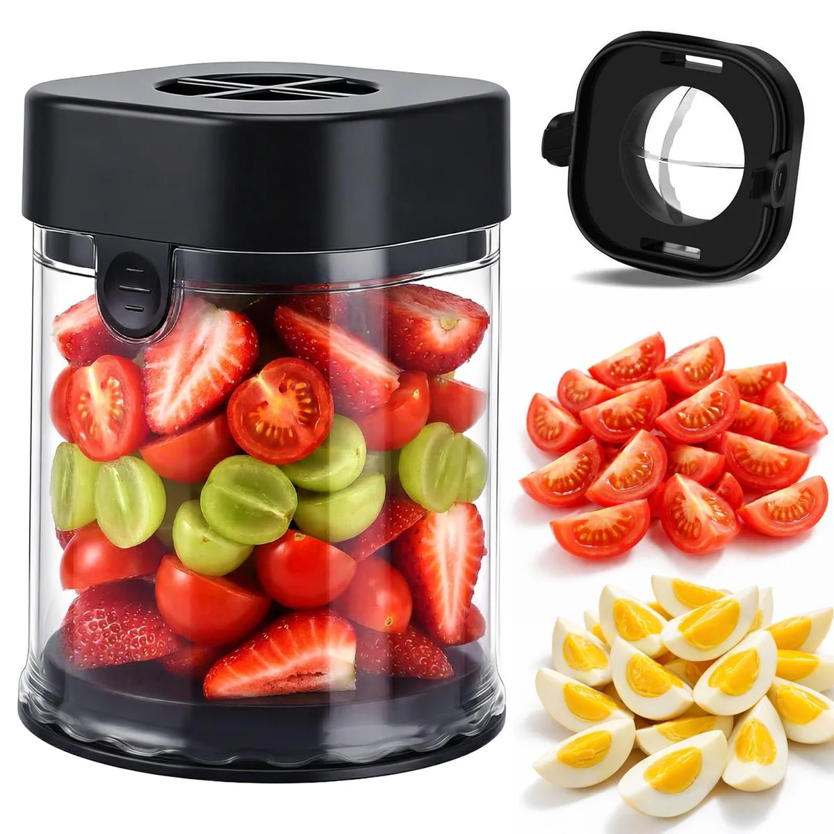 Black acrylic fruit slicer cup with stainless steel blades 3.5 in x 4.5 in