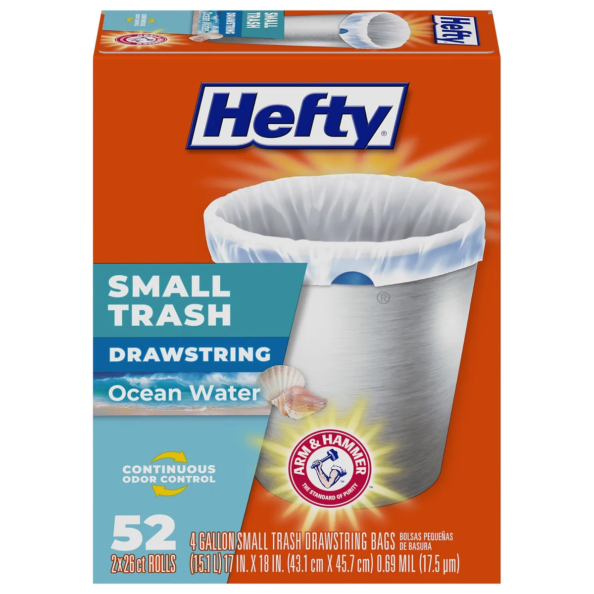 Box of white 4-gallon drawstring trash bags, 52 count