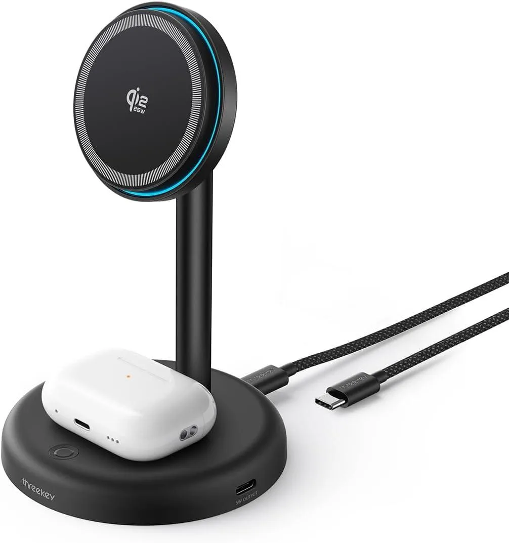 ThreeKey white 2-in-1 wireless charger stand with magnetic phone pad, AirPods dock, and cooling fan
