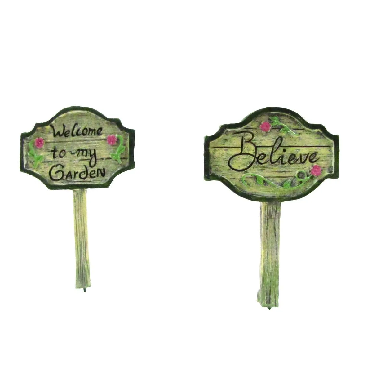 Two miniature garden signs with mossy-green weathered finish reading Believe and Welcome to my Garden