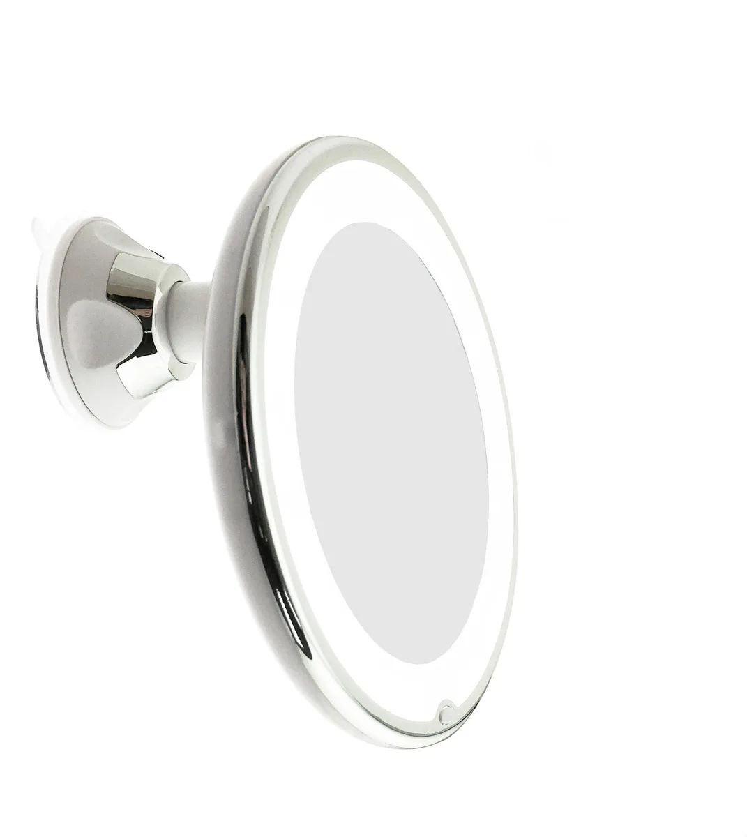 Small round white mirror with chrome accents and LED ring, suction cup mount, 7.62 cm diameter