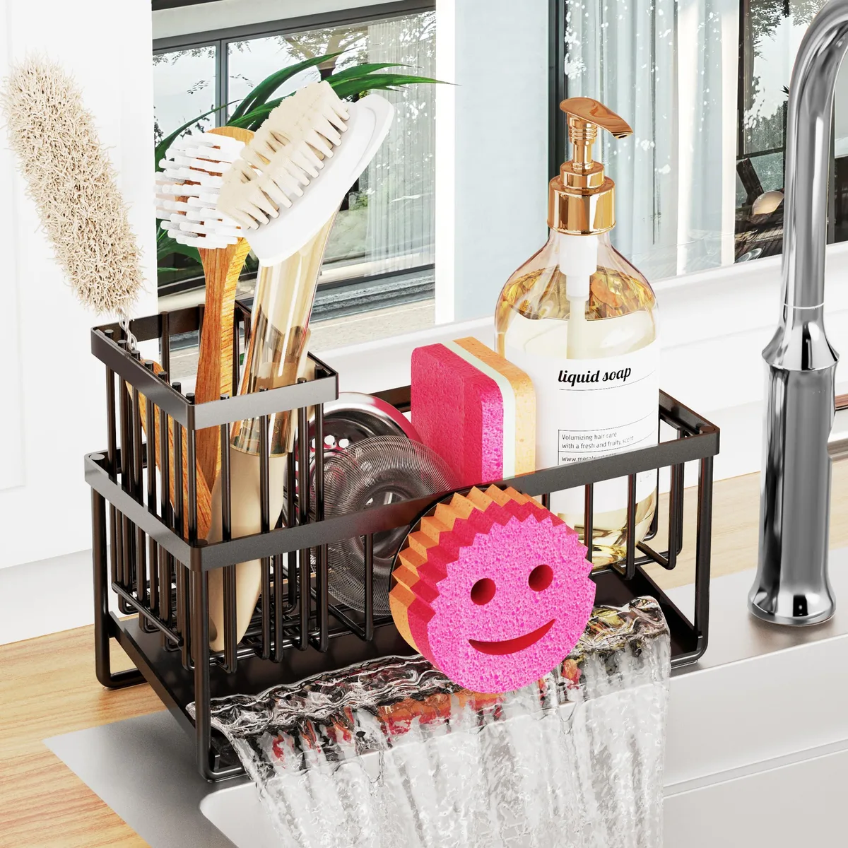 Smiley face stainless steel sink caddy with removable brush holder