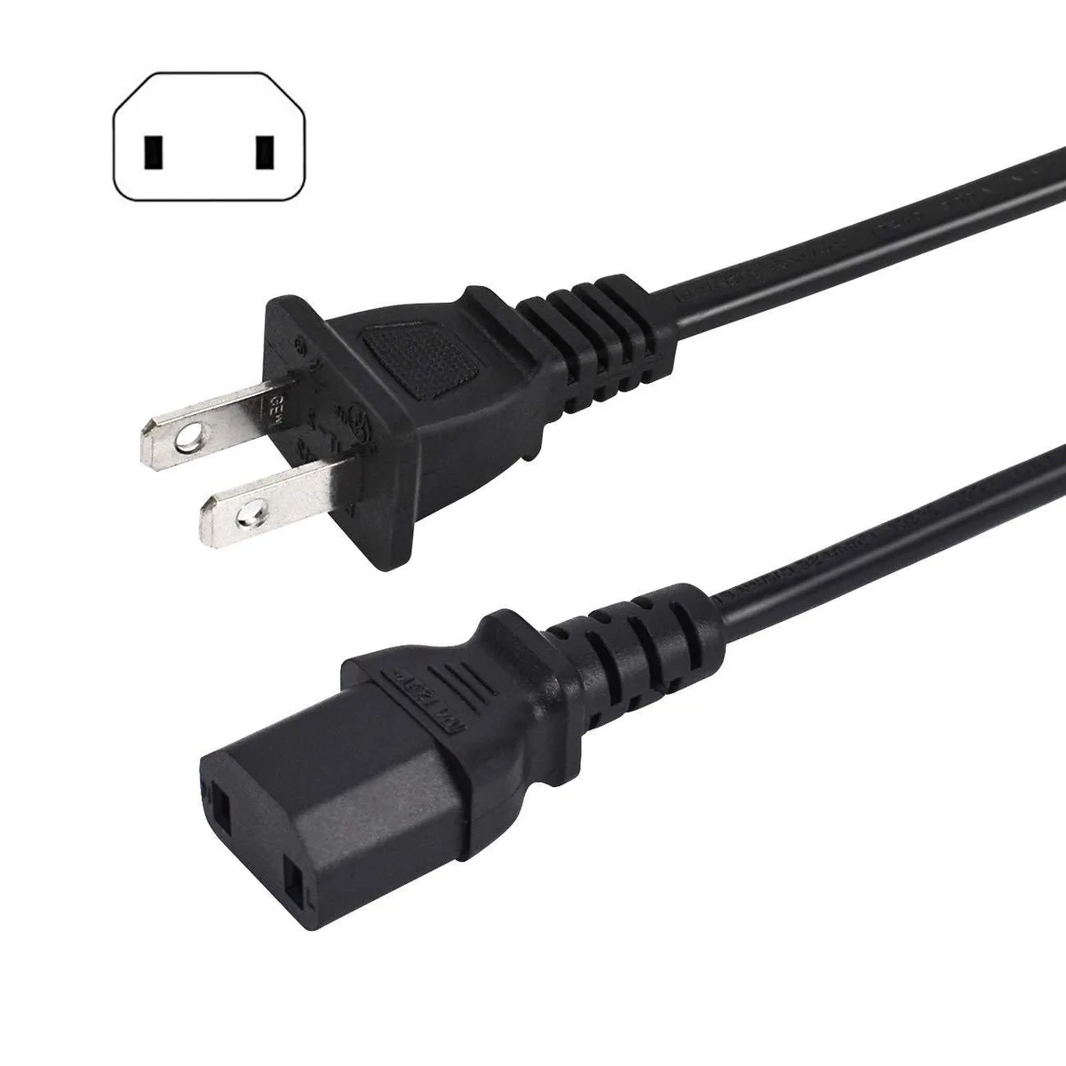  2 Prong AC Power Cord 6 Ft 18 AWG 125V 10A Straight Blade Plugs — product photo