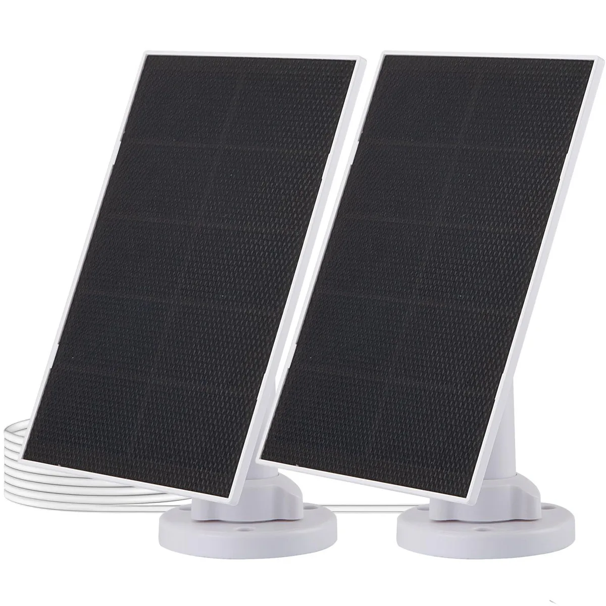 Two small white square solar panels with adjustable mounting brackets and cables