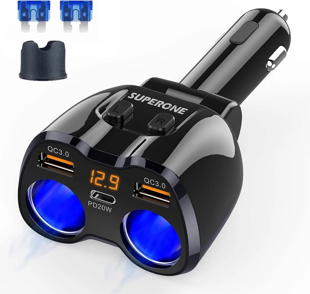 Hamzan Hamzan 2026 Upgraded 180W 2-Socket Car Charger Splitter QC3.0 PD — product photo