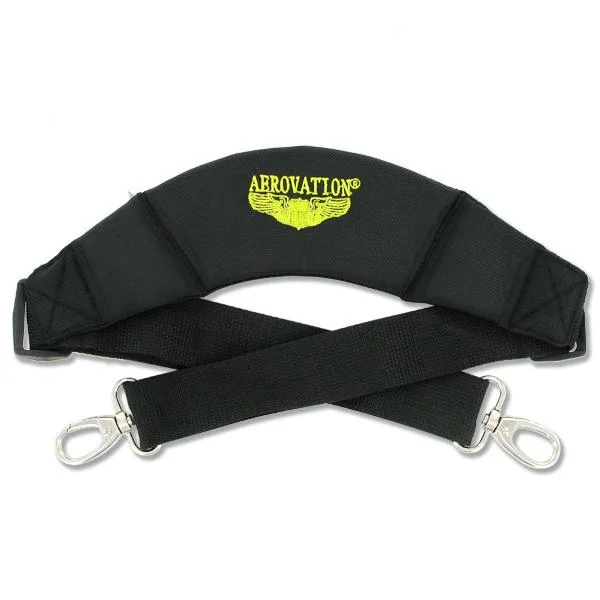 Black adjustable shoulder strap with padded contoured shoulder pad and metal clips