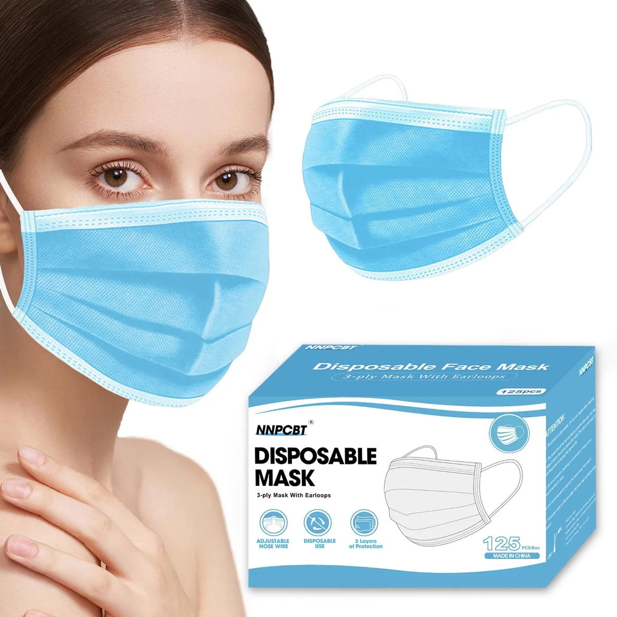 Box of 125 blue disposable face masks with ear loops
