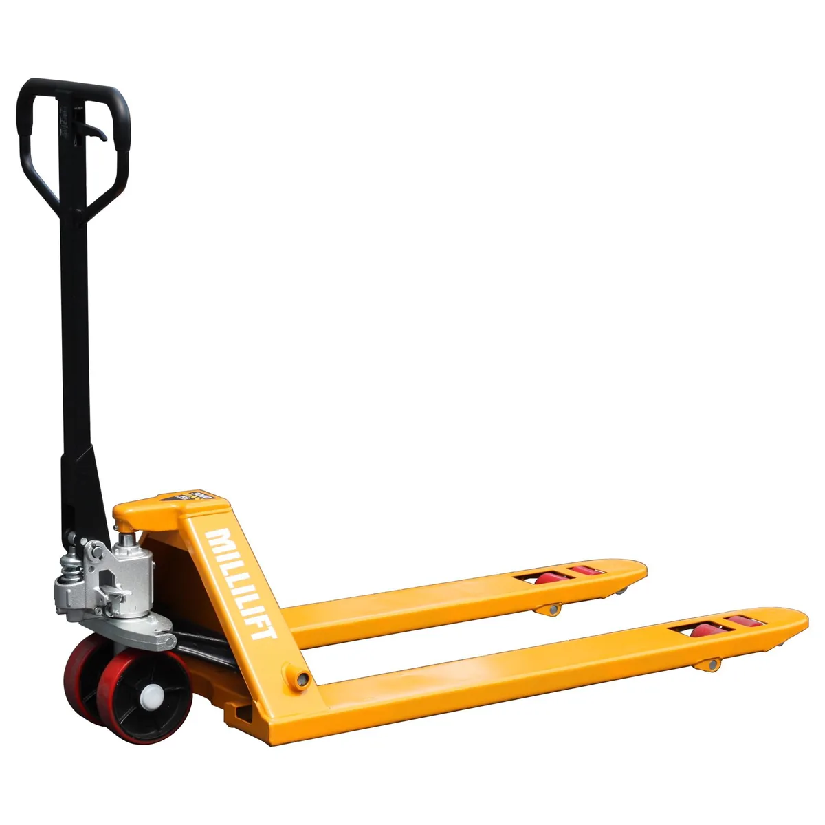 Yellow manual pallet jack with 48 by 27 inch forks and polyurethane wheels