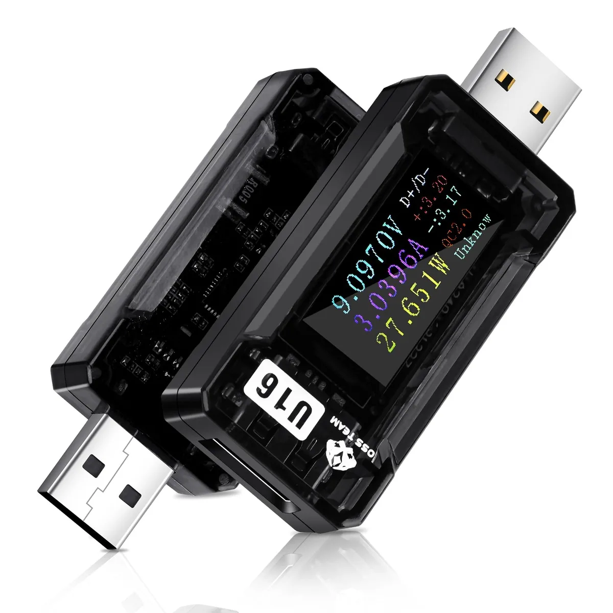 Small rectangular USB tester with .96 inch IPS color screen showing voltage current power