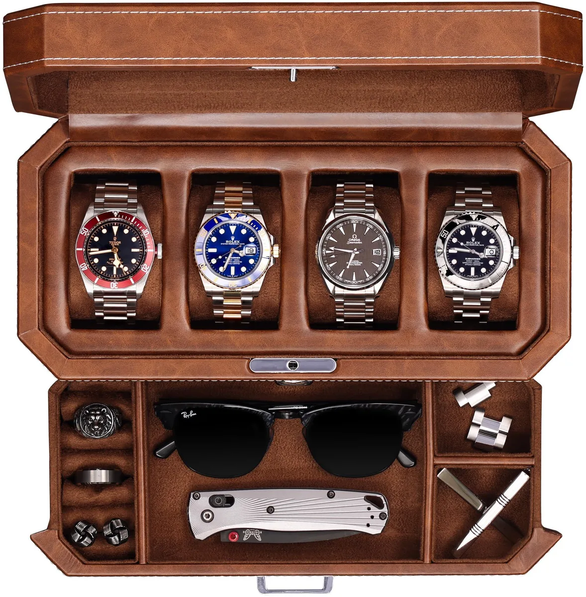  ROTHWELL 4 Slot Leather Watch Box Valet Drawer Tan — product photo