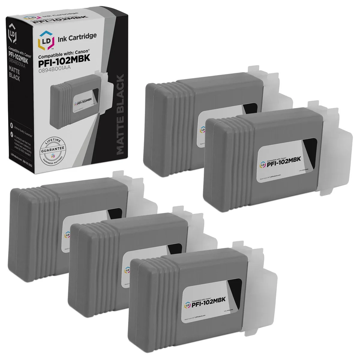 LD Products LD Products PFI-102MBk Matte Black Ink Cartridge 5-Pack 130 mL — product photo