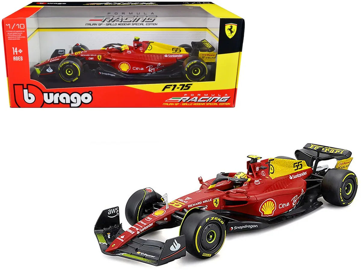 BBURAGO BBURAGO Ferrari F1-75 #55 Carlos Sainz Giallo Modena 2022 1/18 Diecast hobby collectible — product photo