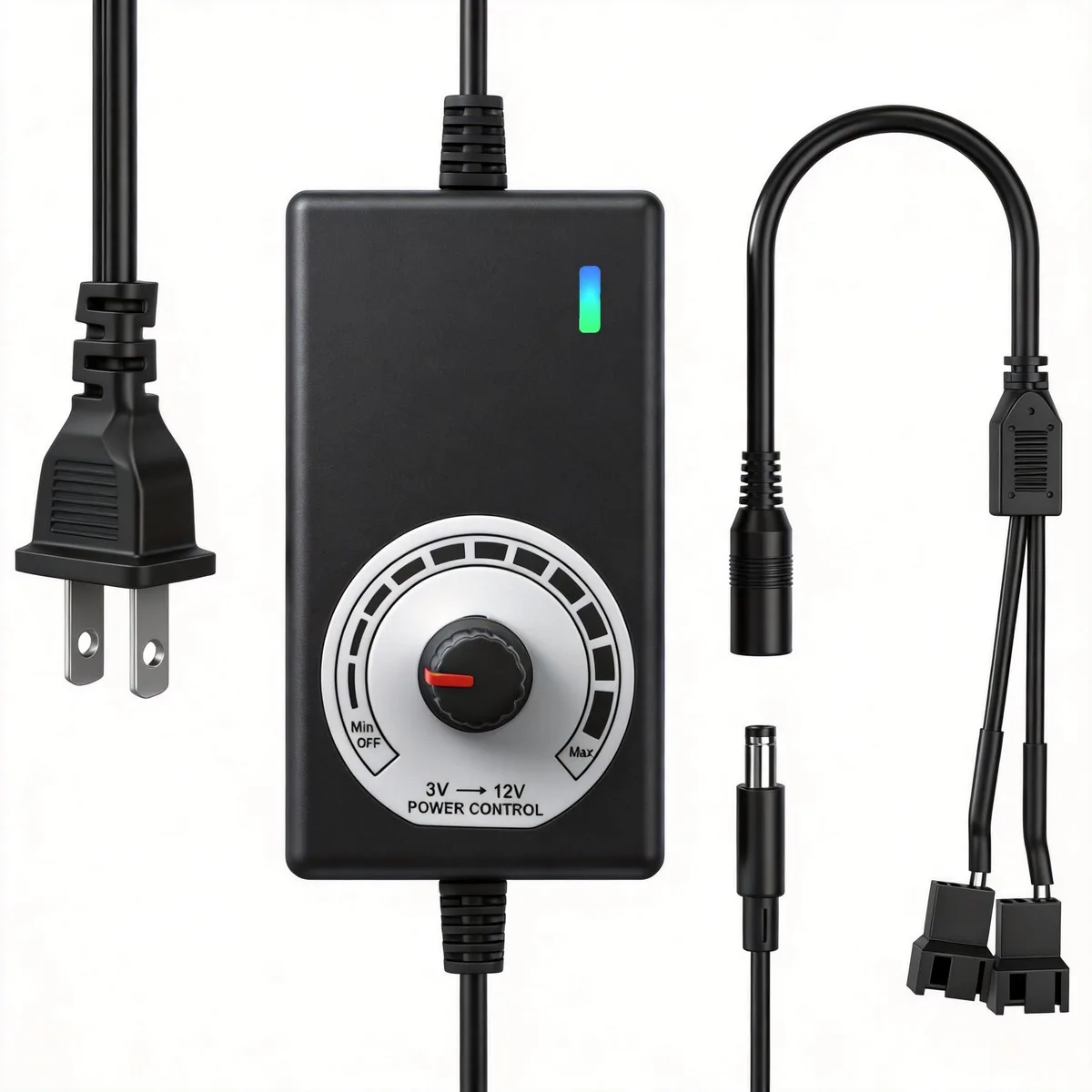 Black rectangular plastic and metal power adapter with voltage knob and barrel connectors