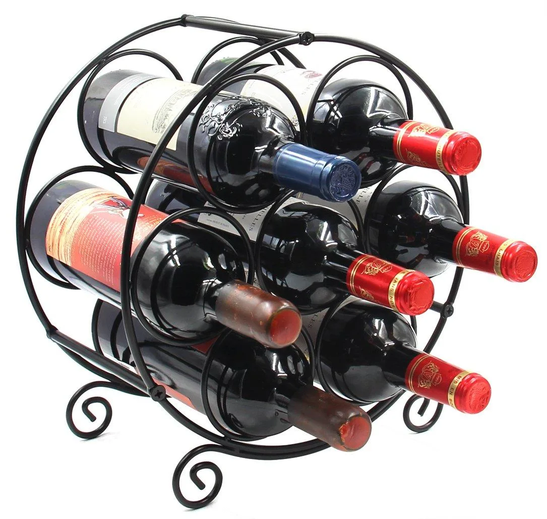 Black metal wire wine rack holding seven bottles, countertop size 16 by 30 by 31.85 cm