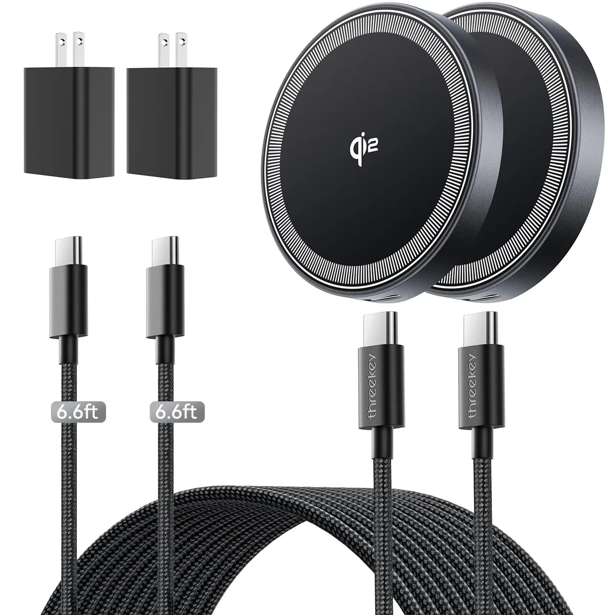  THREEKEY TK-CW301 Qi2 15W Magnetic Wireless Charger 6.6ft Cable 20W Adapter 2 Pack Black — product photo