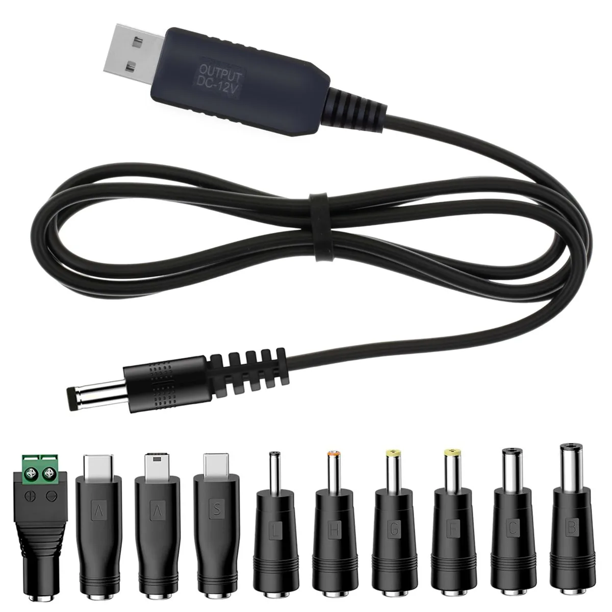  5V USB to 12V DC Charging Cable 3.3FT 10 Connectors 5.5 x 2.1mm — product photo
