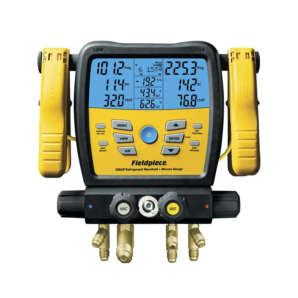 Fieldpiece SM480V digital manifold with four ports, rugged overmold casing, reinforced hook and sealed sight glass