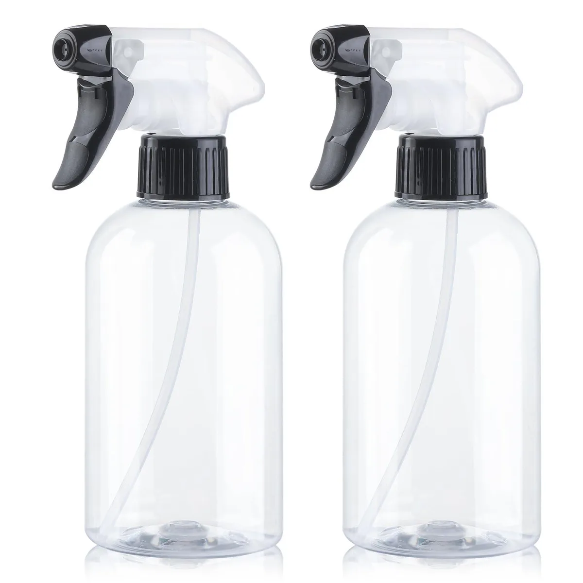 Two clear 10oz PET spray bottles with dual-colour adjustable nozzles