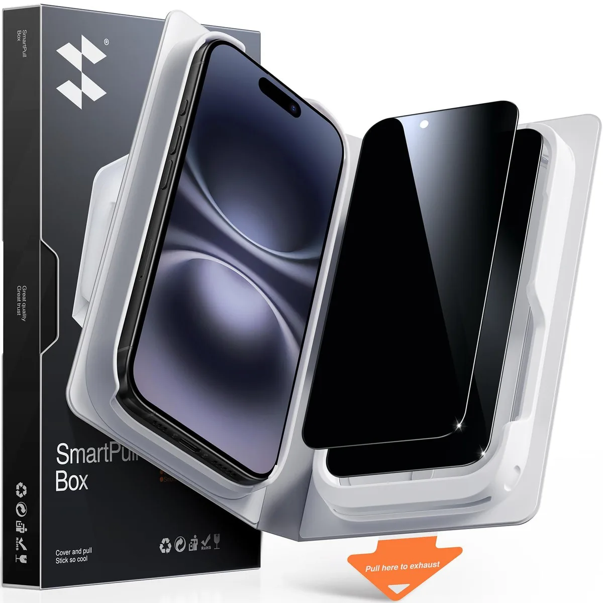 Two black privacy tempered glass protectors for iPhone 15 and 16